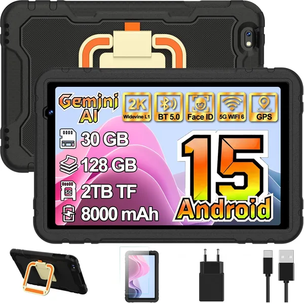 Tablette Kids 10 Pouces Android 15 avec AI Gemini, 30 Go + 128 Go (Carte TF 2 To), WiFi 6, 8000 mAh, Widevine L1, GPS, Reconnaissance Faciale, Octa-Core