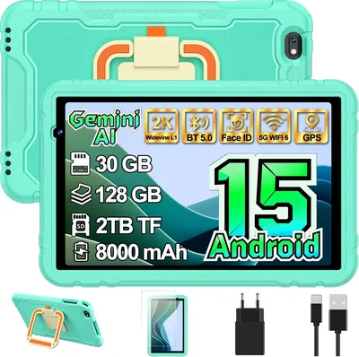Tablette Kids 10 Pouces Android 15 avec AI Gemini, 30 Go + 128 Go (TF 2 To), WiFi 6, 8000 mAh, Widevine L1, GPS, Face ID, Octa-Core