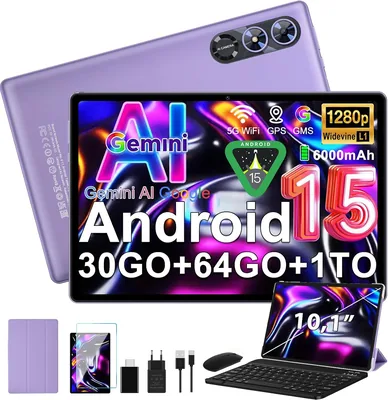 Tablette Gemini AI 10 pouces, Android 15, 30+64 Go, 6000 mAh, Violet | Souris+Clavier+Étui en Cuir