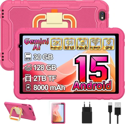 Tablette Kids 10 Pouces Android 15 avec AI Gemini, 30 Go + 128 Go (TF 2 To), WiFi 6, 8000 mAh, Widevine L1, GPS, Face ID, Octa-Core - Économisez 34% 