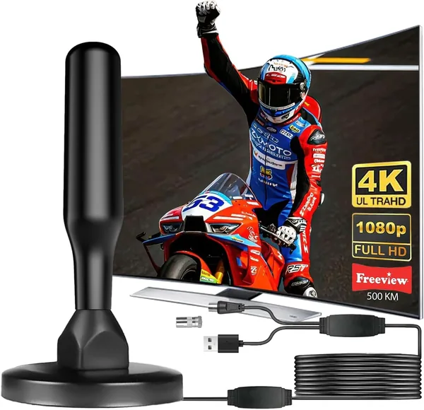 Antenne TV Intérieure Puissante, Nouvelle pour 2026 - TNT HD Antenne avec Amplificateur de Signal Intelligent, Réception à 360° sur 500 km, Compatible