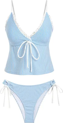 ZAFUL Tankini Swimsuits for Women V Neck Textured Knot Tie Ruffle Trim Bikini Swimsuit Tie Side 2 Pieces Bathing Suit Best Deal