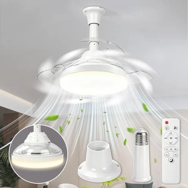 Herefun Ventilatore da Soffitto con Luce, 43CM Lampadario con Ventola pieghevole, E27 Silenziosa Plafoniera Led Soffitto Ventilatore con Telecomando, 3 Pale Nascoste, Memoria, Temp