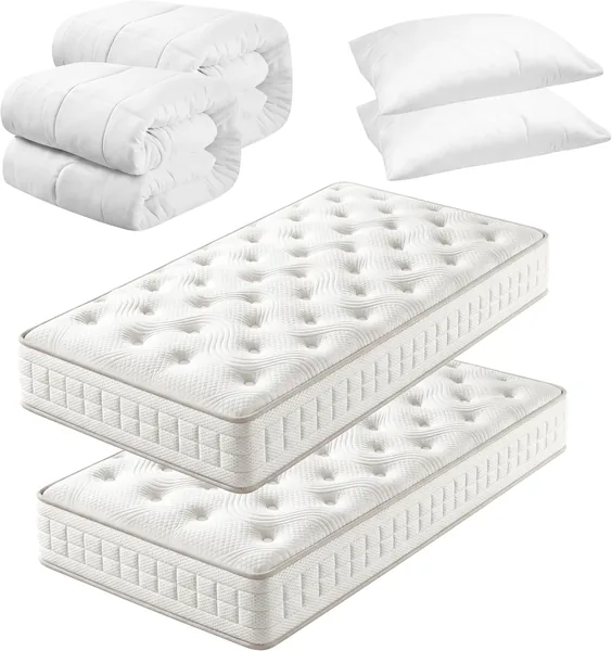 Confortil Single Mattress 80 x 190 cm | Complete Kit 2 Set: 2 Mattresses 16 cm + 2 Pillows 40 x 70 cm + 2 Duvets