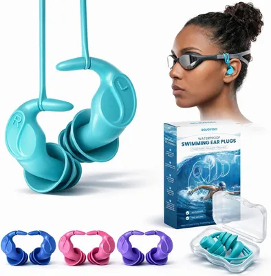 Plugs d'oreille pour natation adulte, 4 paires étanches en silicone avec cordon détachable, 2 façons de porter, support pour lunettes, réutilisables - 7% de réduction