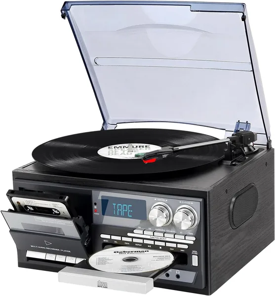 Turntable Vintage 9 en 1 Bluetooth, 3 Velocidades, CD y Cassette, Radio AM/FM, Codificación USB/SD, Entrada AUX y Salida RCA - Mejor Oferta