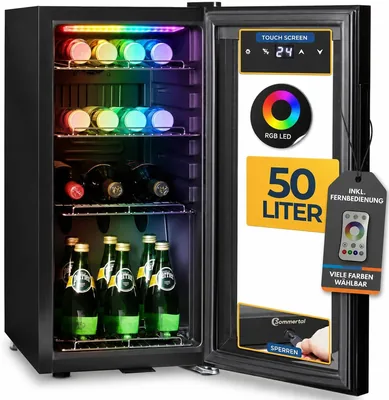 Sommertal GK50 Getränkekühlschrank, 50 L, RGB-LED, Glasdoor, Touchscreen | Stille Flaschenkühlbox Schwarz mit Schloss, Klein & Kompak