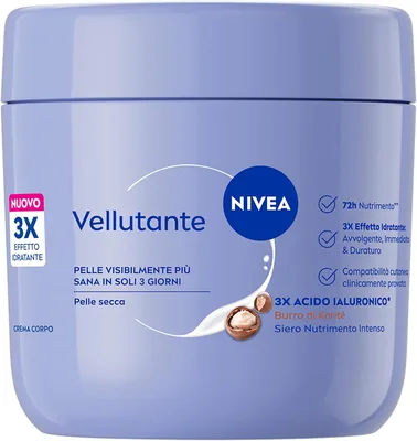 Crema corpo Nivea vellutata, 400 ml, crema idratante per il corpo 72h, con 3x Acido ialuronico puro e Burro di Karité