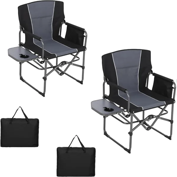 2 Pcs Oversized Heavy Duty Folding Camping Director Chair for Adults - Portable Outdoor Lawn Chair with Side Table, Side Pocket & Cup Holder - Ideal for Camping, Beach, Fishing, Ga