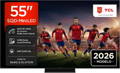 TV TCL 55C8L de 55 pulgadas LED SQD Mini 4K Smart TV, HDR 3000 nits, 1008 Dimensión Local, 144Hz Claridad de Movimiento Pro, Bang & Olufsen, D