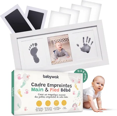 Kit d'empreintes digitales pour bébé sans encre avec cadre photo en bois - Empreinte de main et pied tactile - Cadeau de naissance, douche de bébé