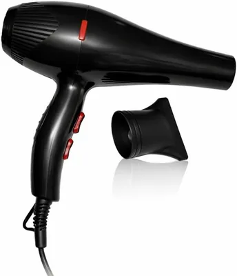 GTI Professional Hair Dryer, Black, 6000W, 3 Heat Settings, 2 Speeds, Diffuser & Concentrator Nozzle