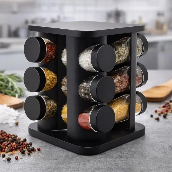 Porta Temperos Girat rio Premium 12 Potes de Vidro 85ml Organizador de Temperos Base 360 Cozinha Moderna Preto