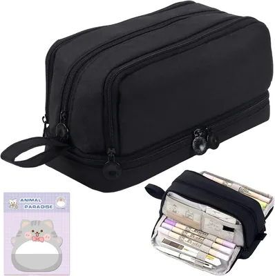 JIAMUOLI Lapicera Escolares, Estuche para Lapices de Gran Capacidad Negro | Bolsa de Papelería Portátil con 4 Compartimentos