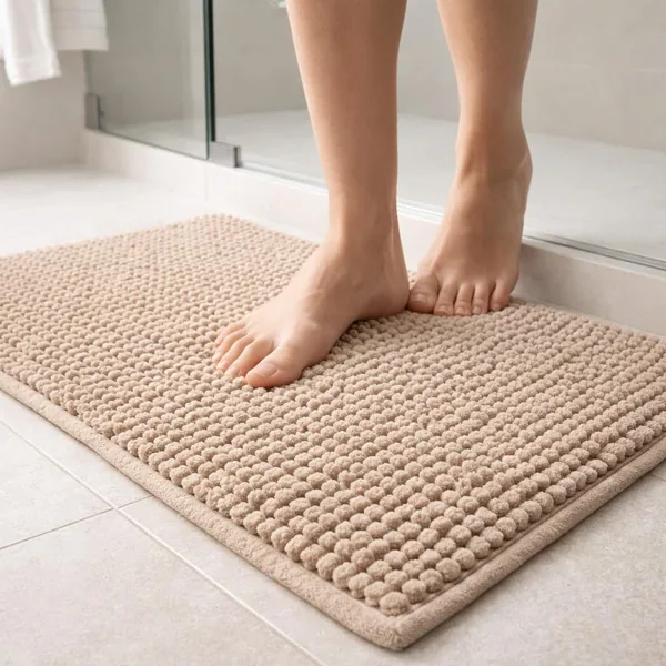 Tapete de Banheiro Microfibra Macarrão Bolinha Popcorn 40x60cm - Antiderrapante, Super Macio, Absorvente, Lavável, Secagem Rápida (Bege Claro) - Melhor Preço
