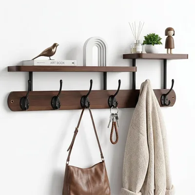 Holiwe väggregl med regl och 6 hållplatser, bambus, naturligt träfär, modern design, för koridor, klemmanvänder och sängrum