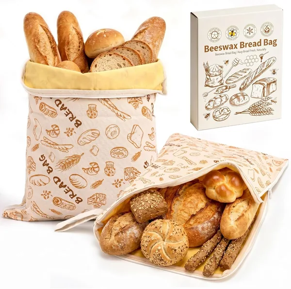 Sac à pain en cire d'abeille AHJ, lot de 2 sacs réutilisables pour pain, 43 x 33 cm, sac en coton pour pain sourdine fait maison