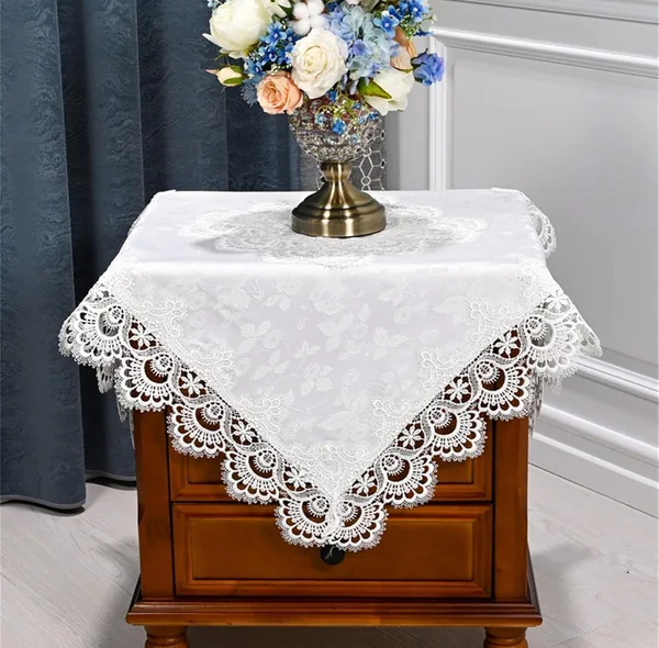 Lace Small Square Tablecloth, Embroidered Farmhouse Table Cloth with Macrame Border Side Table,Cover for Dresser Beside Table Nightstand White 24x24 inch(60x60cm)