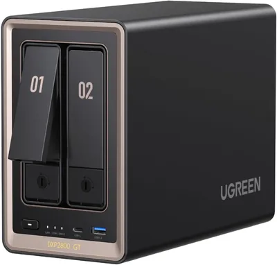 UGENN NASync DXP2800 GT 2-Bay NAS Stockage, 10GbE LAN, Dual M.2 NVMe | AMD Ryzen Embedded R2514 CPU, 8GB RAM, 4K HDMI, Moniteur - Meilleure Offre