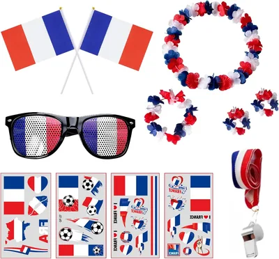 Kit Supporter France 13 Pièces Accessoires Football Coupe du Monde 2026 Verres Drapeau Écharpe Sirène Tatouage Supporteur Bleu Blanc Rouge - 10% de Réduction