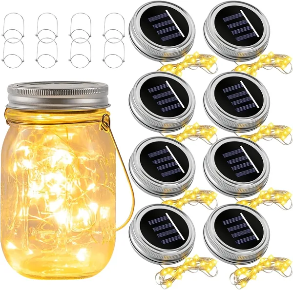 8 lampade solari per esterni, in filo argentato con coperchio a energia solare, 30 lampadine a LED bianco caldo, vetro solare originale per vetro Mason Jar, giardino albero, balcon