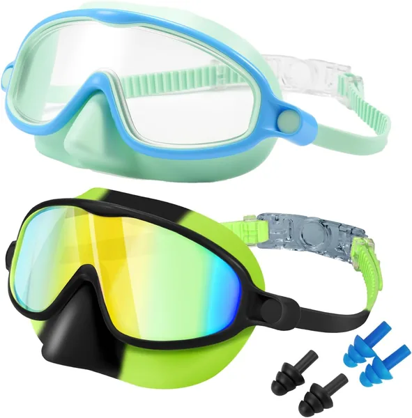 2 Pack Kids Swimming Goggles with Nose Cover, Anti-Fog UV Protection Wide View Swim Goggles for Boys Girls Youth 3-15