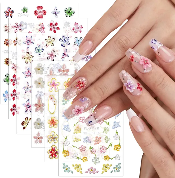 Naklejki na paznokcie Cobee 6 arkuszy 3D, wiosenne kwiaty, samoprzylepne, stereoskopowe - Najlepsza oferta
