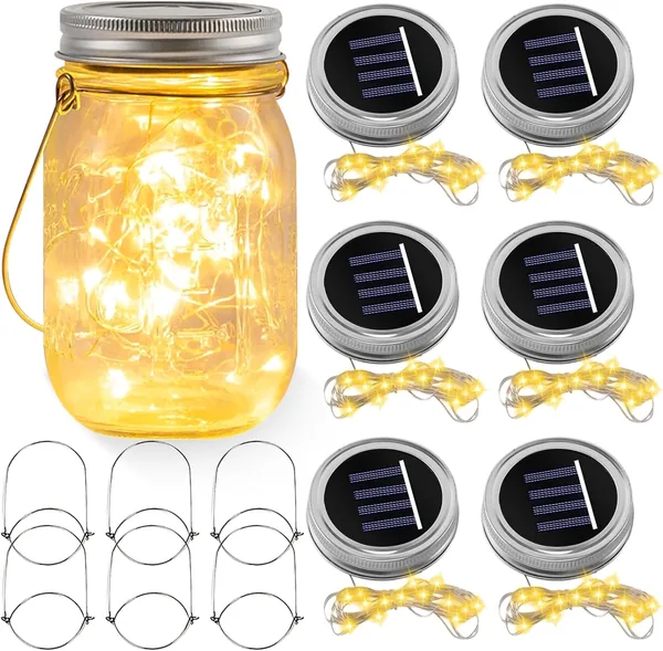 6 lampade solari per esterni, in filo argentato con coperchio a energia solare