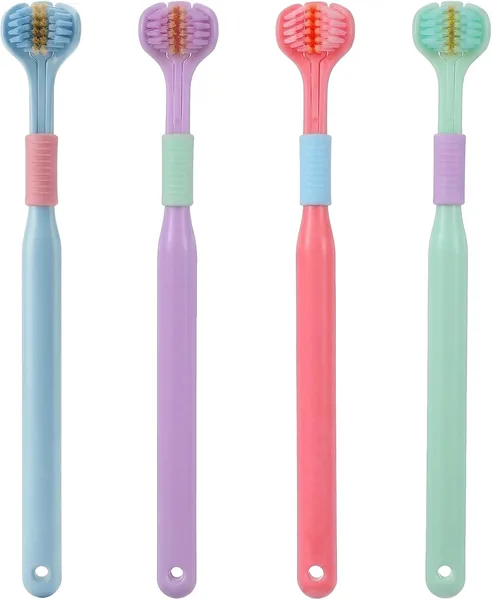 Wanmu 4 Pcs 3-Sided Toothbrush for Adults Random Color Soft Bristle Toothbrush Effective Wrap-Around Cleaning Autism Tooth Brush