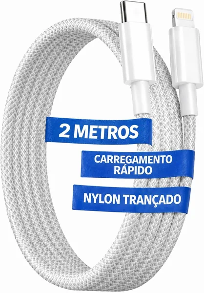 Cabo USB C para Lightning Compat vel com iOS 14 13 12 11 X XR XS 8 7, 2 Metros Turbo Carregamento R pido Refor ado Nylon Tran ado Branco
