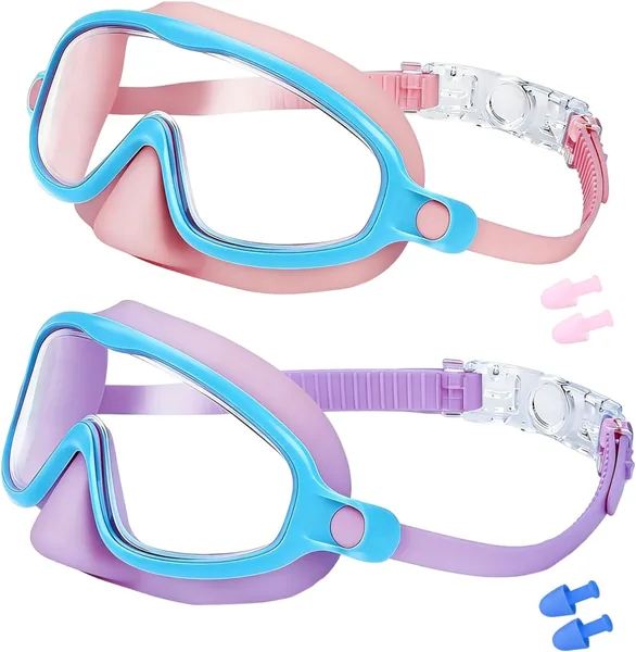 2 Pack Kids Swim Goggles Mask with Nose Cover for Boys Girls 3-14, Tempered Glass Lens 180 HD View, No-leak, Anti-UV