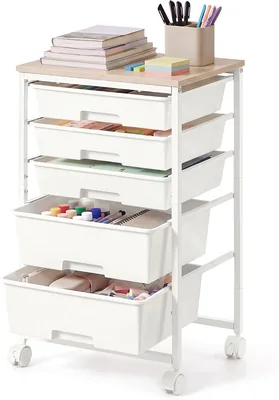 VASAGLE BENCO LRC005W101: Carrito de Almacenamiento con 5 cajones, Organizador con Ruedas y Tabla Auxiliar - Ahuecado, 39.5 x 2