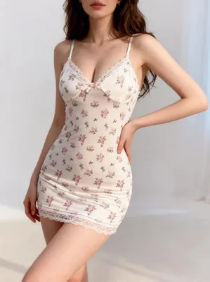 ملابس نوم نسائية بأكمام قصيرة مزينة بالدانتيل وتطريز زهري - أحسن سعر