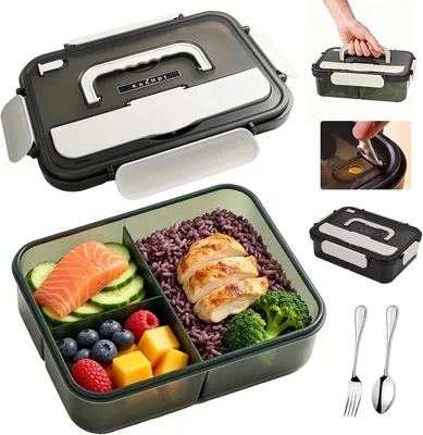 KIROGILY Bento Box, 1500ml Lonchera con 3 Compartimentos, Cuchara y Tenedor, Toppers para Lunch Antiderrente - 16% Off