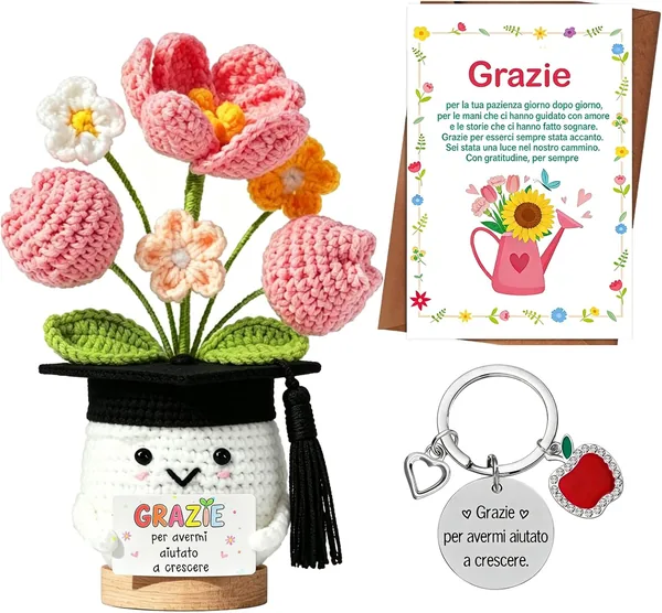 LOHENYOR Regalo Maestra Fine Anno - Tulipano all'Uncinetto, Portachiavi e Biglietto di Auguri