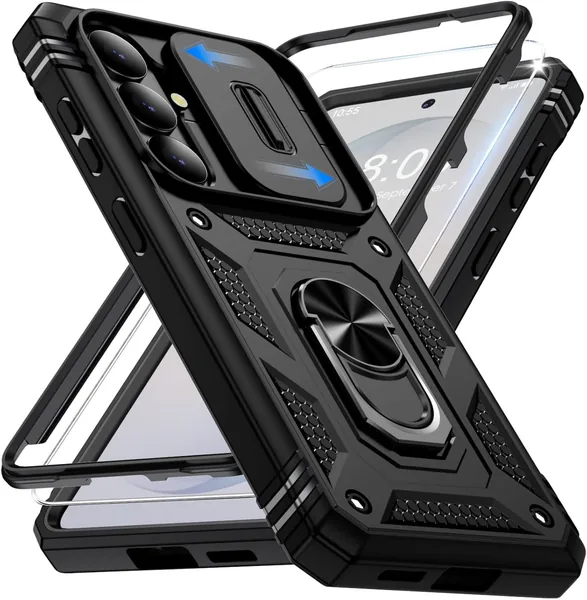 Idhiem Telefonväsk för Samsung Galaxy S26 5G med Skärpskydd, Shockproof Väska med Kameraslider, 360° Roterbar Metall R