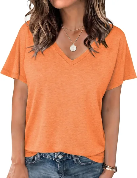 Camiseta Crewhpo Básica para Mujer - Manga Corta de Verano, Cuello en V, Ligera y Elástica - Colores Sólidos Casuales - Tallas S-XXL