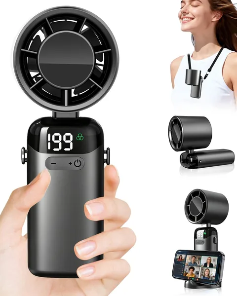 Fan Turbo Rechargeabile Portatile con Display LED e Tavolo per Smartphone, Autonomia 3500 mAh 10 ore