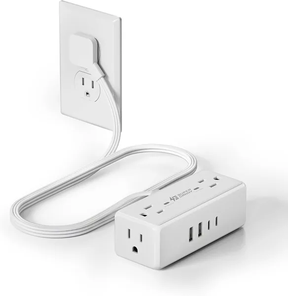 3Ft Extension Cord with Multiple Outlets, Flat Plug Surge Protector Power Strip Short Extension Cord 3 Ft, 4 Outlets & 4 USB Ports (2 USB C), Charging Station for Home Office, Dorm