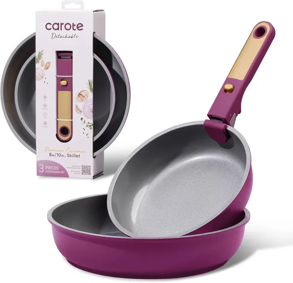 Carote 3-Piece Ceramic Frying Pan Set, 8" & 10" Nonstick Fry Pans with Removable Handle, PFAS-Free Healthy Cooking, Full-Spray Base, All-Stovetop Compatible Skillet Set, Dishwasher