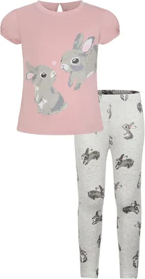 Girls 2-Piece Summer Clothes Set, Cotton Puff Sleeve T-Shirt & Rabbit Print Leggings