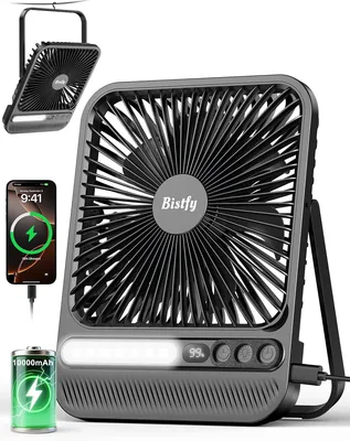 Bistfy 10000 mAh Camping Fan, Ultra-Dünne Tischventilator mit Lampe, Max. 28 Stunden Laufzeit, Leise, Timer, Display, Haken, Best Deal