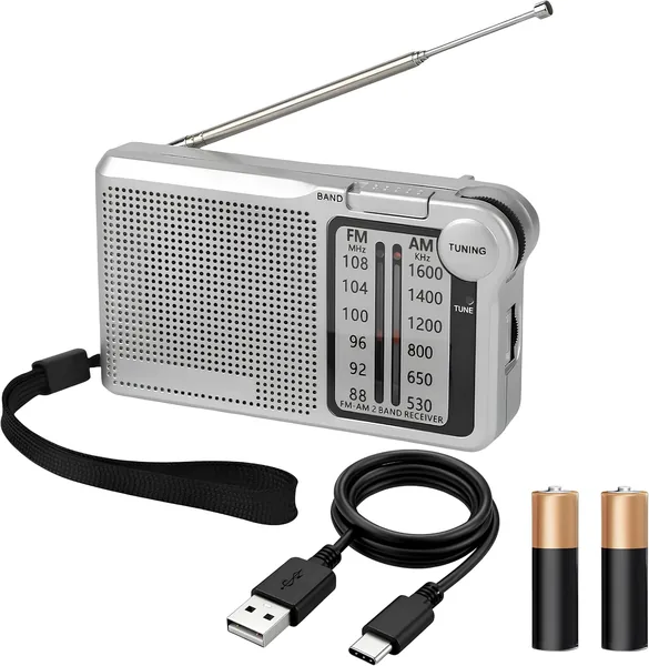 Rádio AM/FM Portátil Recarregável ou em Pilha, 2 Bandas, Acompanha Cabo USB, Entrada para Fone de Ouvido, Longo Alcance - Best Deal