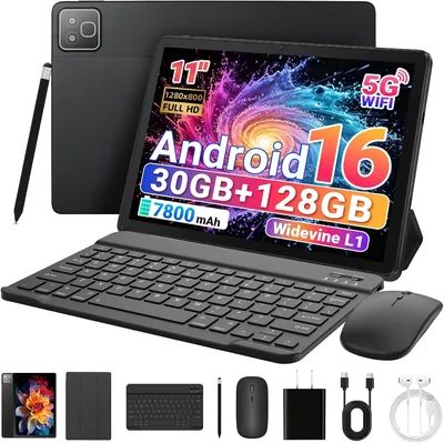 Tablette 2 en 1 Android 16 de 11 pouces avec clavier, souris et étui, RAM 30 Go, ROM 128 Go (1 To extensible), 7800 mAh, WiFi 6
