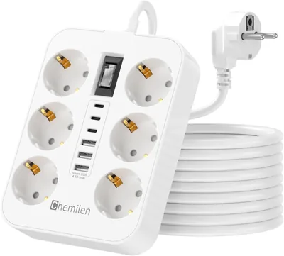 Verlängerungskabel 3M Powerstrip 6-fach mit USB | 3x USB-A + 3x USB-C Stromkabel Überladungsschutz Wandmontage für Zuhause