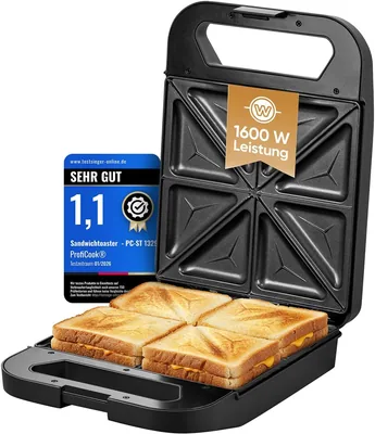 ProfiCook Sandwichtoaster för 4 sandwichar samtidigt | Non-Stick Plates | Inget brända | 1600 W | Statusindikator | San | Best Price
