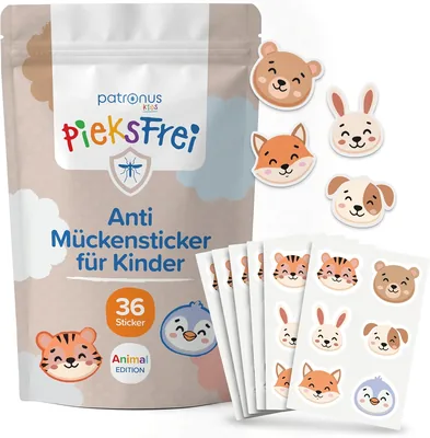 Pieksfrei - Anti Mücken Sticker für Kinder & Babys (36 Stück) - Tiermotive | Bestes Angebot für effektiven Mückenschutz für Kinder
