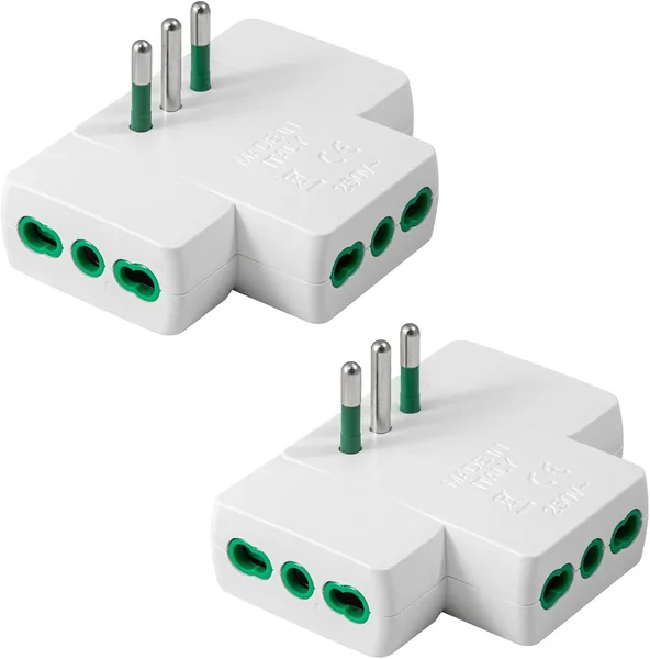 Fanton Triple Flat Adapter 10A Italian Plug with 3 16A Bypass Sockets and Manual Reset, White