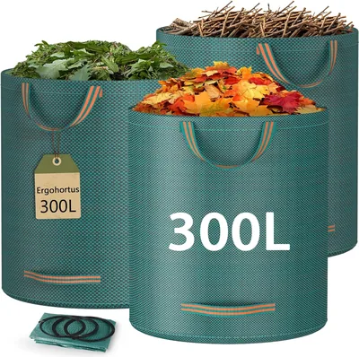 Ergohortus Gartenmüllsack, 300L wasserdichter Beutel mit Griffen | Falttasche für Blätter, Abfall und Schnittgut