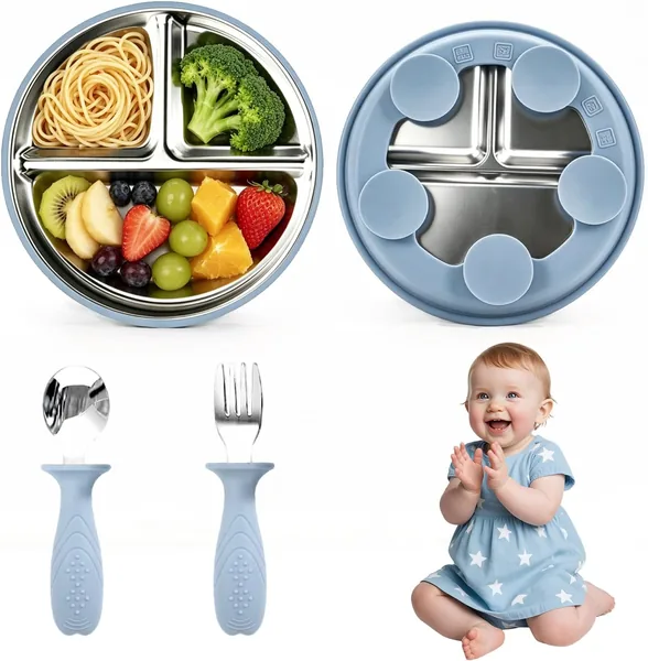 Anluomafuy Kit Pasti per Bambini, Piattino in Acciaio Inox con Coppia Forchetta e Cucchiaio + Copertina Antiscivolo, BP